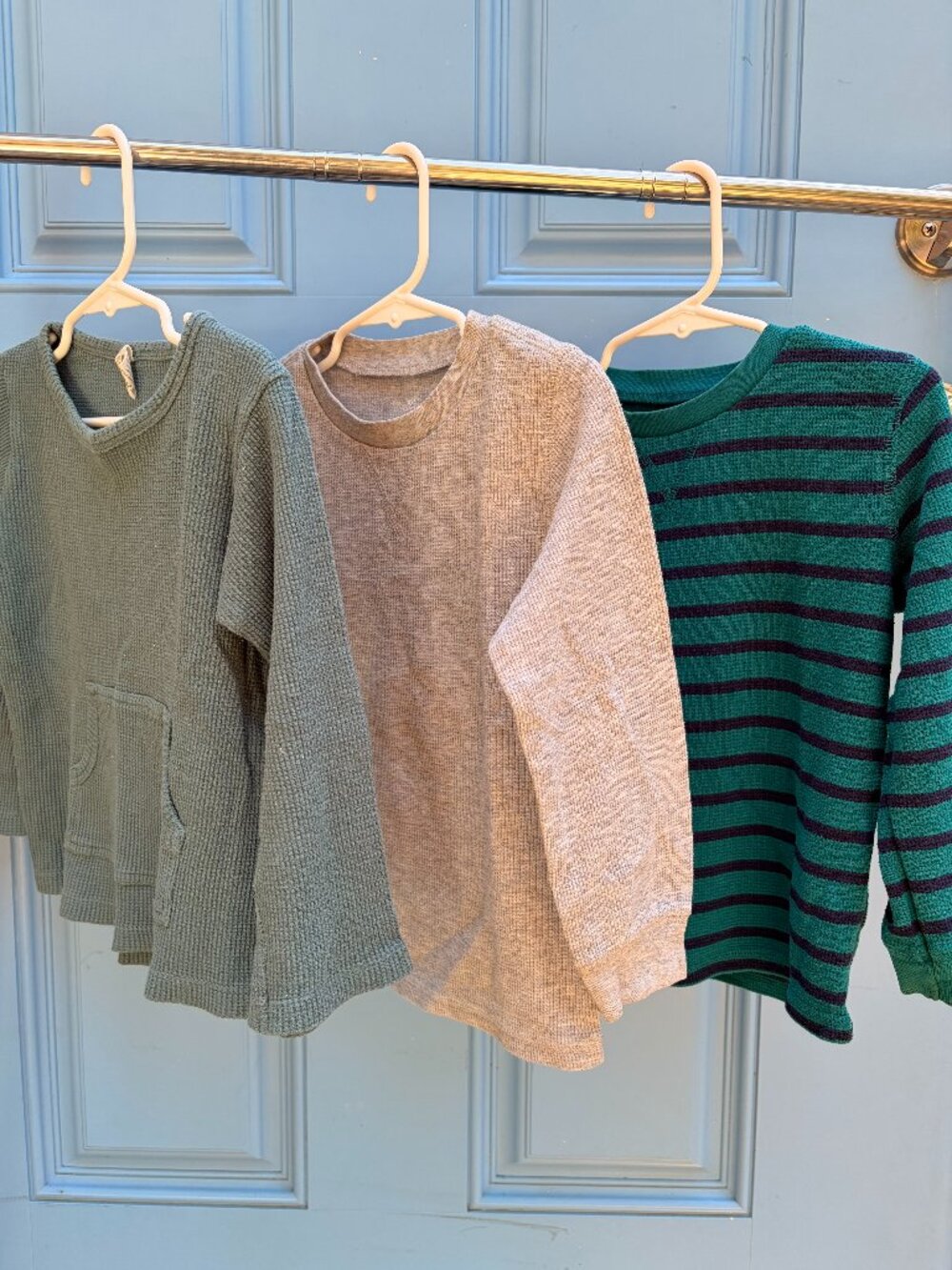 4T Waffle Knit Long Sleeve Shirt Bundle Green Gray Striped – 3 Pack